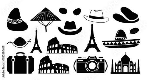 Global Travel and Tourism Glyph Icons Set with World Landmarks, Cultural Hats, Suitcase, and Camera in Black Silhouette Style
