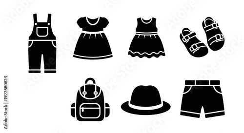 Children's Fashion and Apparel Accessories Black Glyph Icons Set. Kids' Clothing Items like Overalls, Dresses, Sandals, Backpack, Hat, and Shorts in Solid Style.