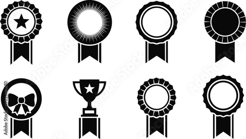 Award ribbon and trophy badge icon set in black silhouette style, achievement medal symbols collection for certification, winner recognition design