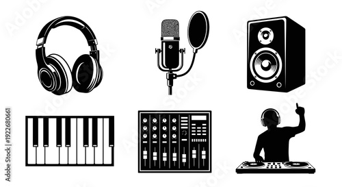Music and Audio Production Vector Icons. Black and White Glyph Silhouette Set of Recording Studio Equipment, DJ Gear, and Musical Instruments.