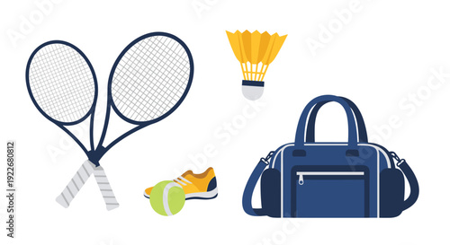A set of tennis rackets, a bright tennis ball, an athletic shoe, a badminton shuttlecock, and a duffel bag are displayed.