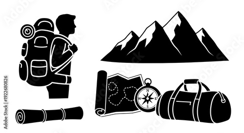 Outdoor Adventure  Travel Gear Icons - Black  White Glyph Set with Hiker, Mountains, Map, Compass,  Duffel Bag Silhouettes for Camping  Exploration