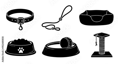 Pet Care Accessories Black and White Glyph Icons. Vector illustration set of animal supplies: collar, leash, food bowl, bed, and scratching post.