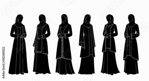 Islamic Modest Fashion: Black  White Line Art Silhouettes of Muslim Women in Traditional Abaya and Hijab Dresses, Vector Set.