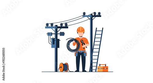 An electrician in a hard hat and orange shirt stands next to a utility pole, holding wires and tools with a ladder nearby.