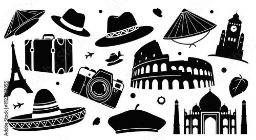 Black  White Silhouette Travel Icons Set with World Landmarks, Cultural Symbols, and Vacation Essentials