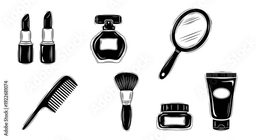 Beauty and Cosmetics Personal Care Products Black and White Line Art Icon Set. Collection of Makeup Tools, Perfume, Lipstick, Comb, Mirror, Brush, and Cream Glyph Style.