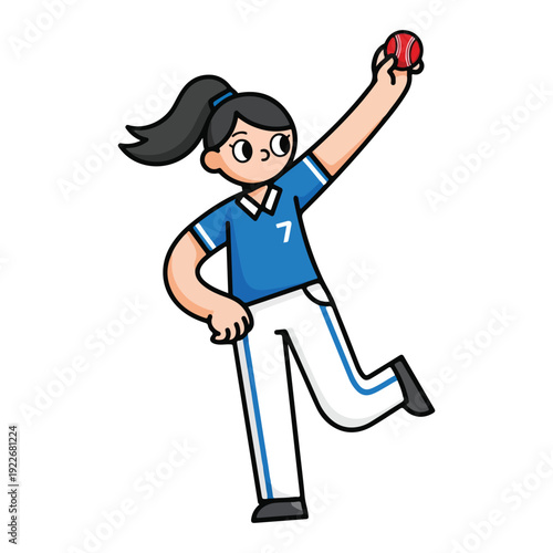 Cartoon girl baseball player pitching a red ball, female athlete in blue jersey and white pants, cute softball player character illustration