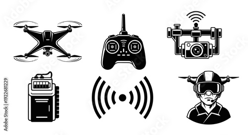 Drone Technology Vector Icons Set. Monochrome Glyphs for UAV, Remote Control, Camera, Pilot, Battery Charger, and Wireless Signal.