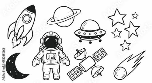 Hand-drawn Black and White Line Art Space Doodles Collection. Cartoon Science  Astronomy Elements: Rocket, Astronaut, Planet, UFO, Stars, Moon, Satellite, Comet.