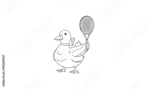 Duck holding tennis racket illustration.