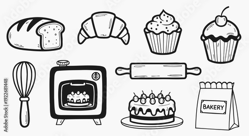Food Industry Hand-drawn Black and White Line Art Icons: Bakery, Baking Tools, and Sweet Treats Collection