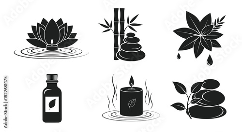 Black and White Glyph Vector Icons Set for Spa, Wellness, and Relaxation. Featuring Lotus, Candle, Bamboo, Zen Stones, Essential Oil Bottle, and Botanical Elements.