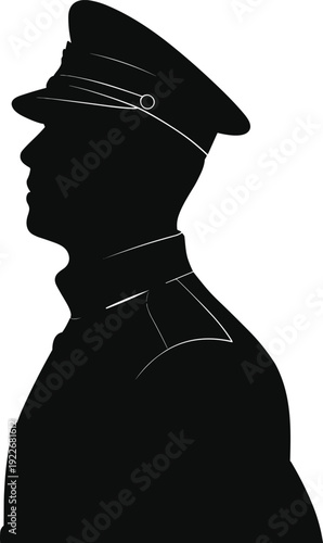 Military officer silhouette profile, police captain or pilot in uniform wearing peaked cap, authoritative man vector illustration isolated, security service.