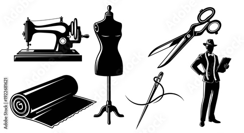 Fashion and Tailoring Sewing Elements Black  White Vector Art. Vintage Machine, Mannequin, Fabric Roll, Scissors, Needle, and Tailor