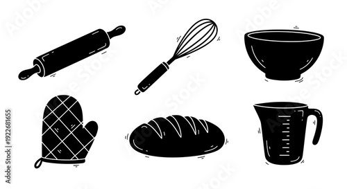 Baking and Food Industry Hand-drawn Black and White Glyph Icons Set. Essential Kitchen Tools and Fresh Bread Loaf for Homemade Recipes and Patisserie.