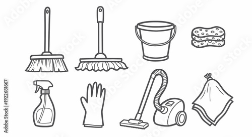 Black and White Line Art Cleaning Tools Icon Set. Domestic Housekeeping Supplies Outline Drawing: Broom, Mop, Bucket, Sponge, Vacuum Cleaner, Spray Bottle, Glove, Cloth for Hygiene.