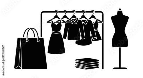 Fashion Retail Store Elements Glyph Icon Set. Black and White Apparel and Shopping Solid Icons with Clothing Rack, Mannequin, and Shopping Bag.