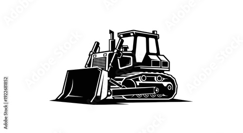 Stylized Black and White Vector Illustration of a Heavy Duty Construction Bulldozer. Monochrome Industrial Earthmoving Machinery Design.