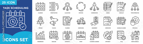 Task scheduling line icon set featuring calendar, prioritization, coordination, agenda, timeline, deadline, planning, schedule planner, and work schedule for productivity and project organization.