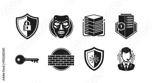 Glyph Cybersecurity Icons Set. Technology and Data Protection Solid Black Symbols for Network Security, Hacking, Firewall, Encryption, and IT Support.