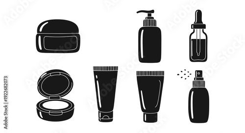 Beauty Cosmetics Skincare Icons Set. Flat Black  White Glyph Silhouettes of Personal Care Product Packaging: Cream Jar, Pump Bottle, Dropper, Compact, Tubes, Spray.