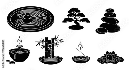 Zen Wellness Meditation Black and White Glyph Symbols Set. Spa, Relaxation, Nature, and Japanese Garden Elements Collection.