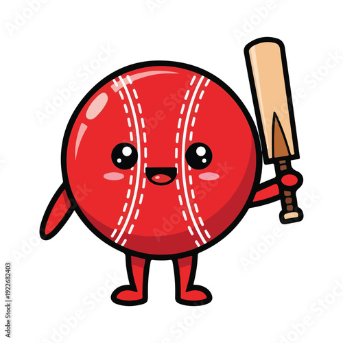 Red cricket ball mascot holding a bat in a friendly cartoon vector illustration pose