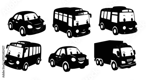 Black and White Cartoon Transportation Vehicles Set with Cute Faces - Car, Bus, Truck for Kids