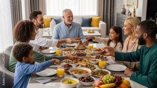 A joyful and diverse multi-generational family warmly gathered around a modern dining table, cheerfully sharing an abundant homemade meal under bright natural light in a spacious contemporary home,