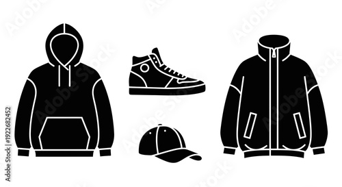 Streetwear Fashion Apparel Glyphs: Black and White Silhouette Icons of Hoodie, High-Top Sneaker, Baseball Cap, and Jacket, perfect for Casual Sportswear Design.