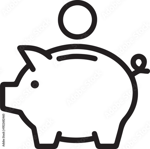 A simple black and white outline drawing depicts a piggy bank receiving a circular coin deposit.