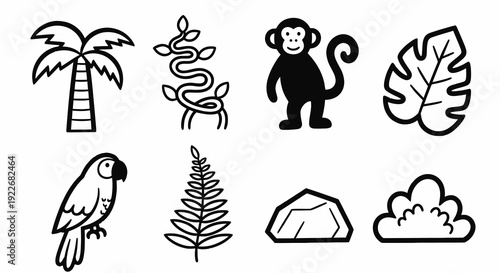 Hand-Drawn Black and White Line Art Jungle Elements Collection. Tropical Nature Icons with Monkey, Parrot, Palm Tree, Leaf, Vine, Fern, Rock, and Cloud Doodles.