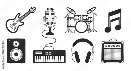 Music and Audio Equipment Hand-Drawn Line Art Collection: Guitar, Microphone, Drum Kit, Keyboard, Speaker, Amplifier, Headphones, and Musical Notes Doodle Icons