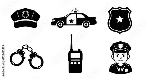 Police Law Enforcement Glyph Icons Set. Black and White Public Safety Symbols for Officer, Car, Badge, Handcuffs, Radio, and Hat.