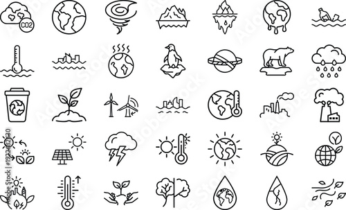 Web Climate Change Icons Set, Global Warming Symbols, Environmental Awareness Illustrations