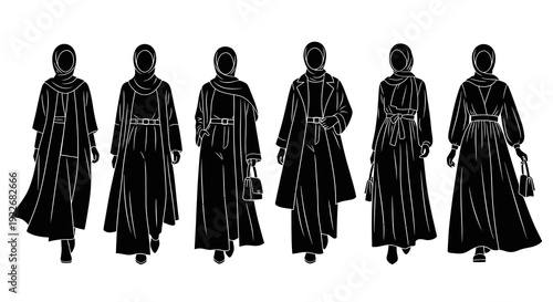 Black and White Line Art Vector Silhouettes: Stylish Muslim Women Posing in Modest Fashion Abayas and Hijabs with Handbags