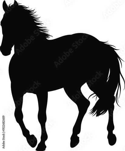 Wild horse silhouette running, majestic stallion galloping vector illustration, equestrian animal profile isolated, black mustang equine design, horse racing icon.