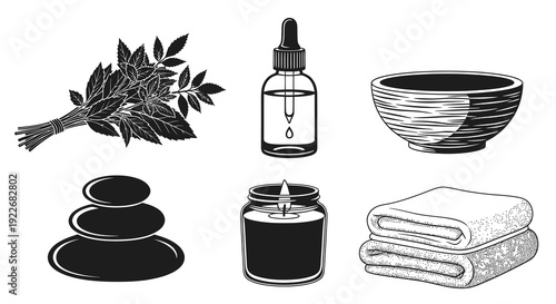 Spa and Wellness Engraved Line Art Icons Set. Black  White Vector Collection of Aromatherapy, Relaxation, and Natural Beauty Essentials.