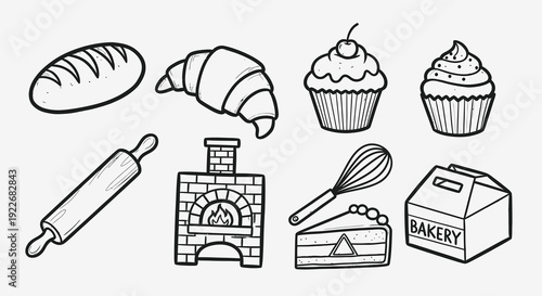Black  White Line Art Bakery Elements Set with Bread, Croissant, Cupcakes, and Baking Tools. Hand-drawn Food and Pastry Icons Collection for Design.