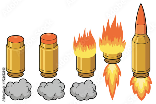 Ammunition icons vector colorful cartoon bullets and cartridges with firing effects, military, shooting, and game concept symbols, clean isolated design