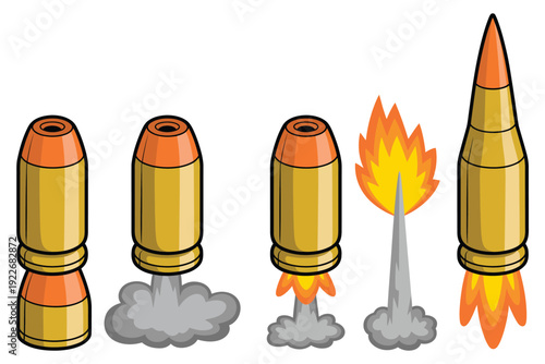 Ammunition icons vector colorful cartoon bullets and cartridges with firing effects, military, shooting, and game concept symbols, clean isolated design