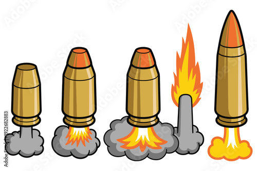 Ammunition icons vector colorful cartoon bullets and cartridges with firing effects, military, shooting, and game concept symbols, clean isolated design