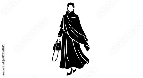 Elegant Muslim Woman in Hijab and Abaya with Handbag, Fashion Lifestyle Black Silhouette Vector Illustration