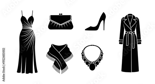 Elegant Women's Fashion and Luxury Accessories Icons Set. Black and White Glyphs depicting a Dress, Clutch Bag, High Heel Shoe, Scarf, Necklace, and Trench Coat in Vector Art Style.