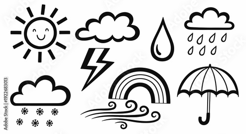 Black and White Hand-drawn Doodle Weather Icons Set. Cute Line Art Symbols for Climate Forecast and Nature Elements.