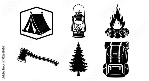 Camping and Outdoor Adventure Glyph Icons Set. Monochrome Black  White Collection of Wilderness Essentials and Gear: Tent, Lantern, Campfire, Axe, Pine Tree, Backpack.