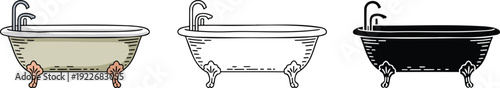Bathtub silhouette & Outline and illustration set isolated on transparent background