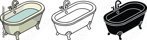Bathtub silhouette & Outline and illustration set isolated on transparent background