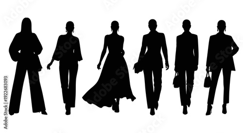 Fashion Women Silhouettes Vector Illustration. Diverse Female Models Displaying Style, Elegance, and Various Outfits Including Dresses, Suits, and Casual Wear.